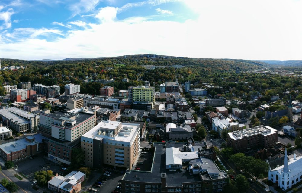 overhead view of city and school buildings